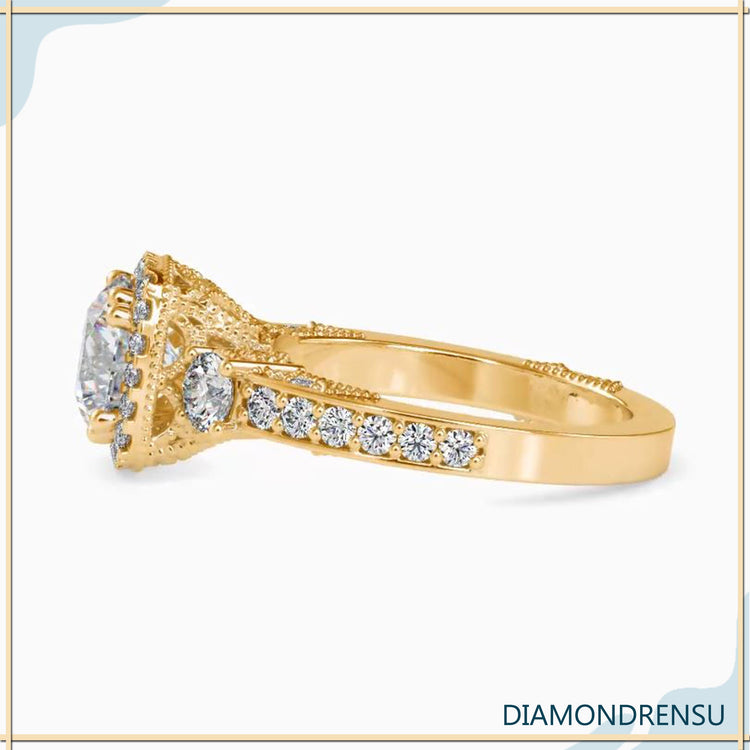 Buy diamond ring with 3 stone halo and handmade pave design.