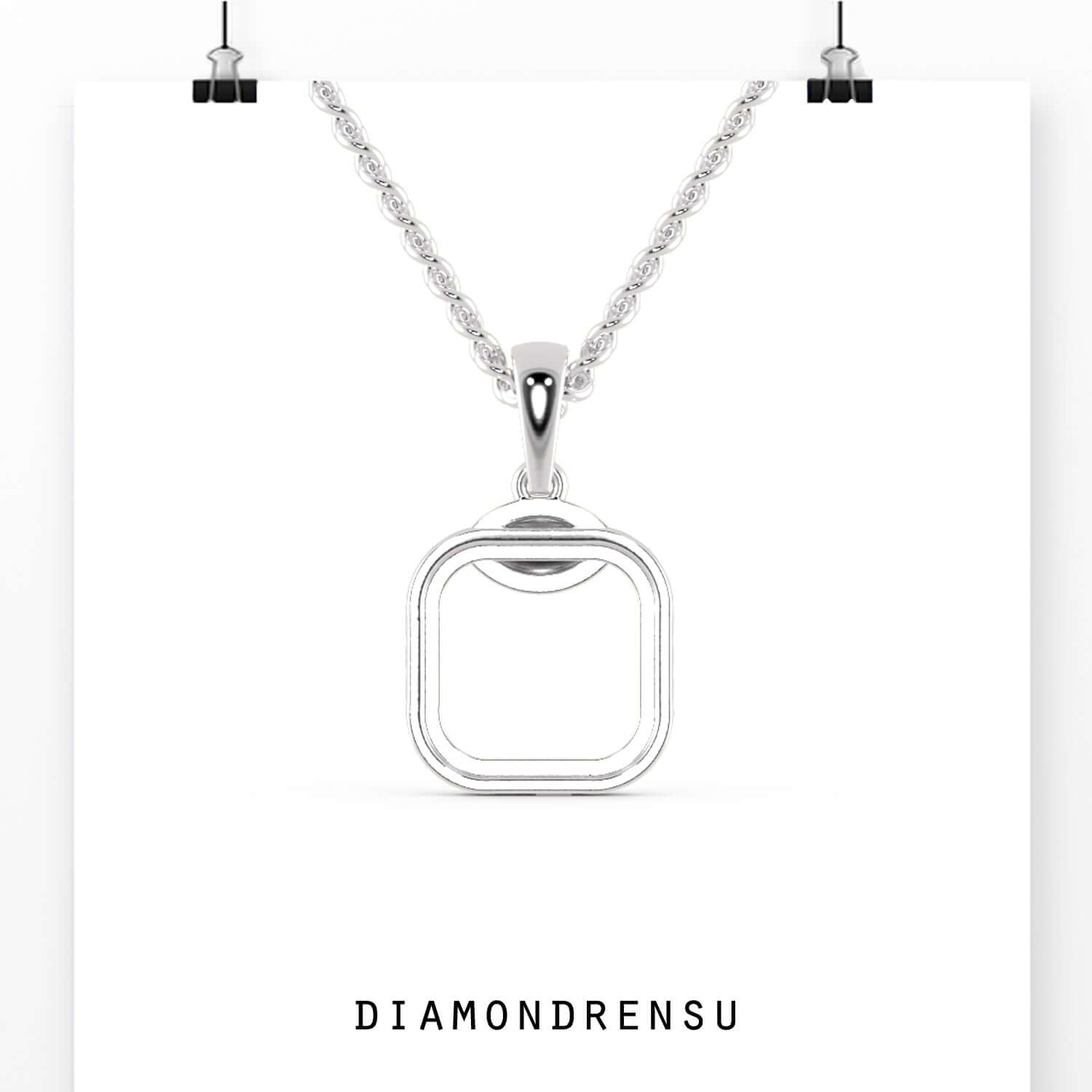 Round diamond pendant in yellow gold with unique cushion outline.