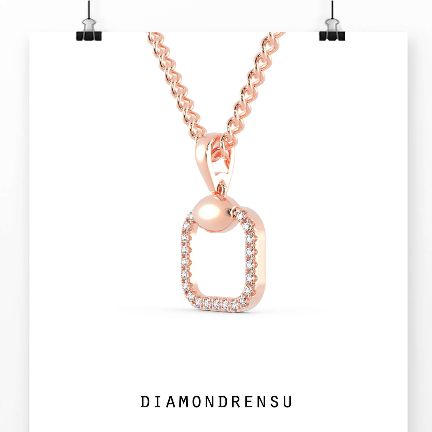 Rose gold cushion outline pendant with centre round diamond.