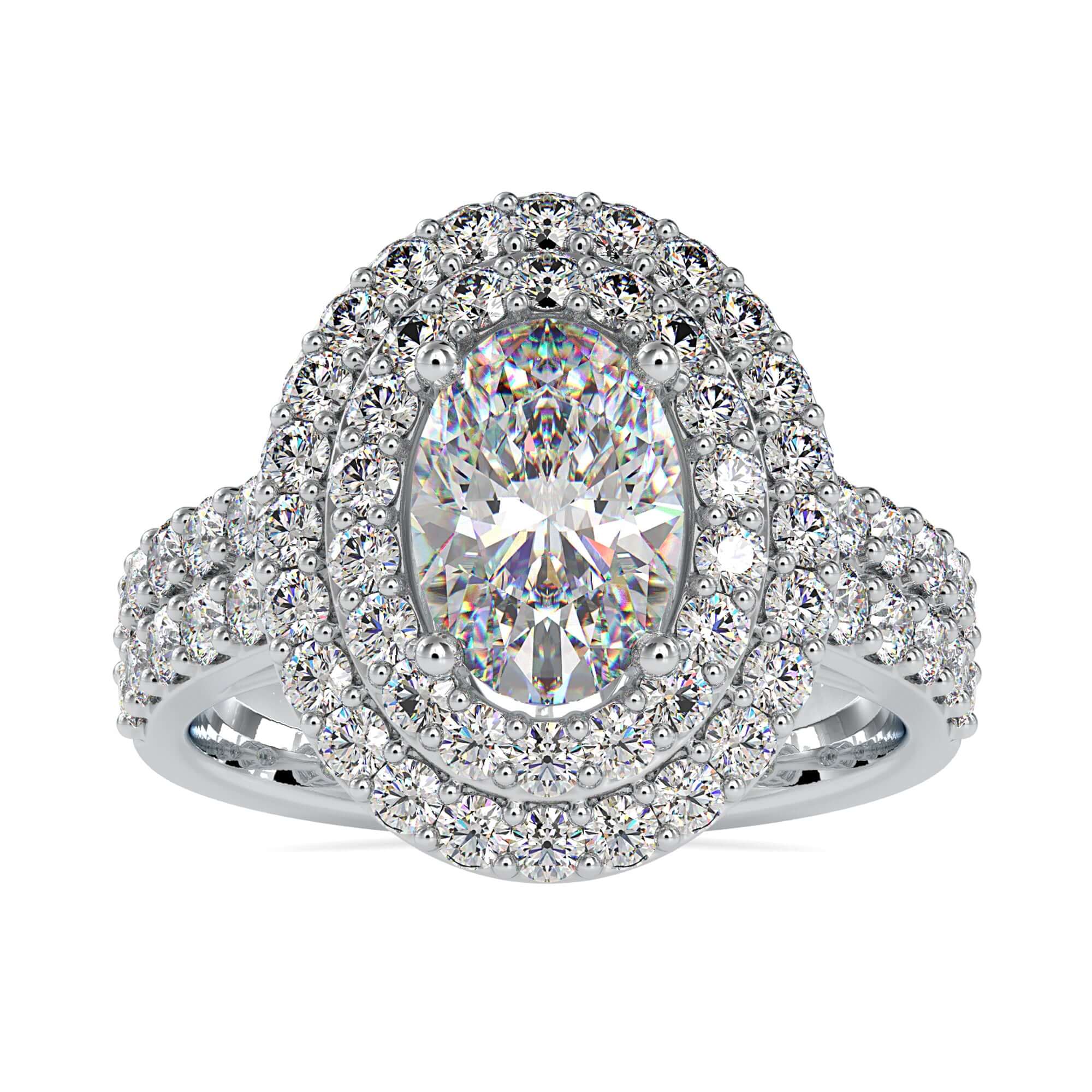 UK engagement ring featuring double halo oval and lab diamond.