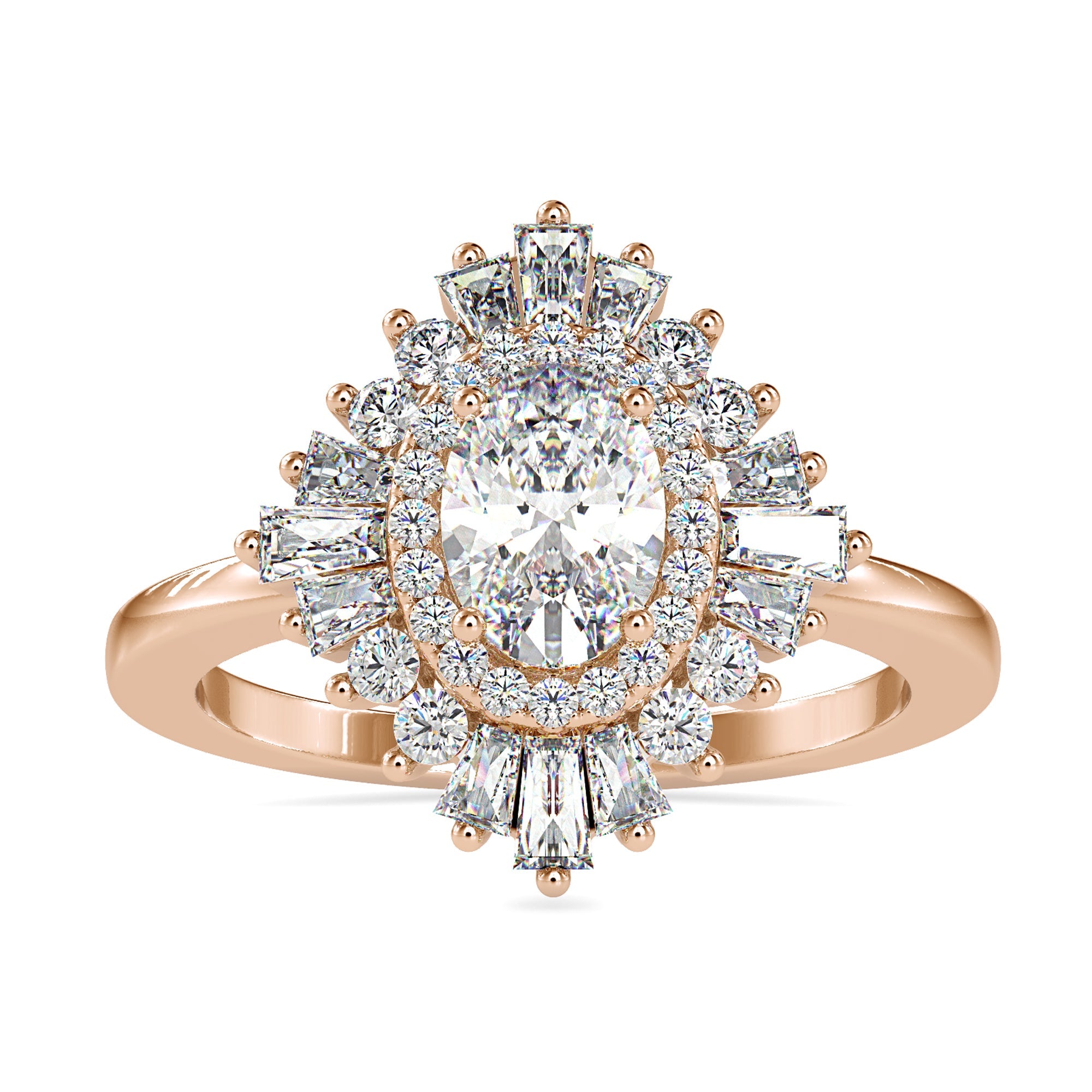 Oval cut centre diamond with tapered baguette accents.