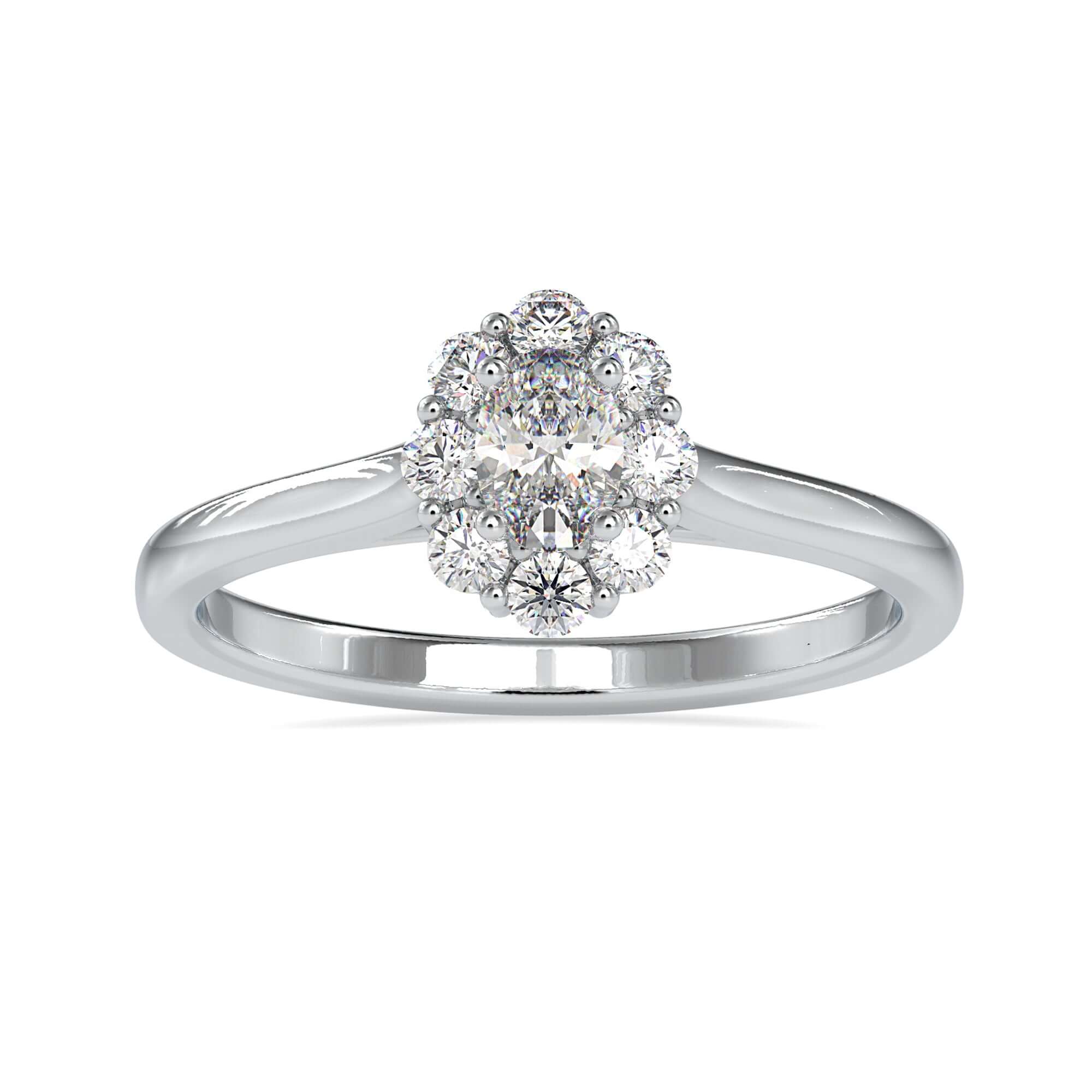Oval diamond centre ring with round side stones in rose gold.
