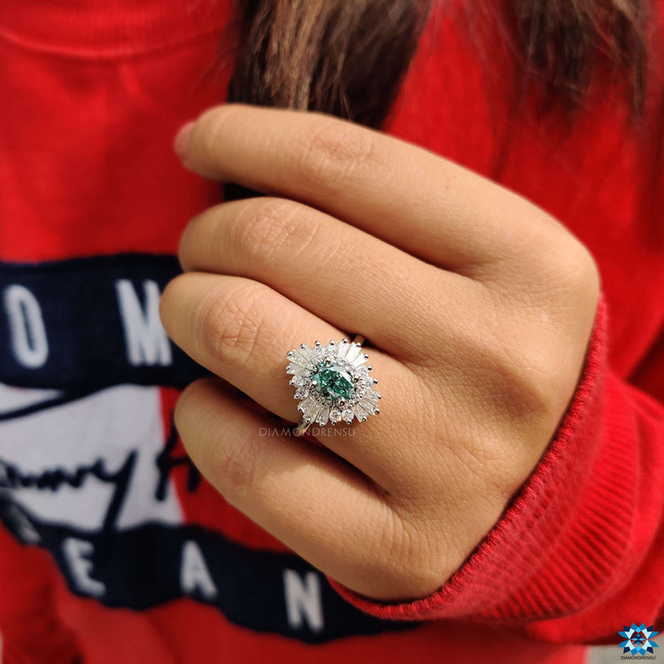 Oval cut moissanite ring in halo design.