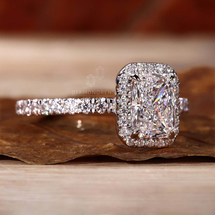 Radiant diamond with a pave diamond ring design, perfect for women seeking an elegant engagement ring in the UK.