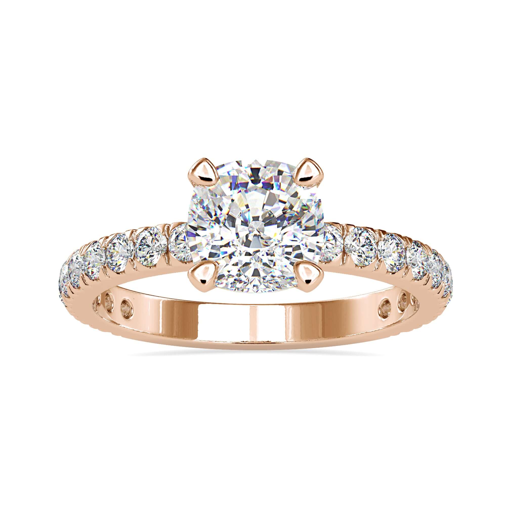 White gold ring with lab grown cushion cut diamond.