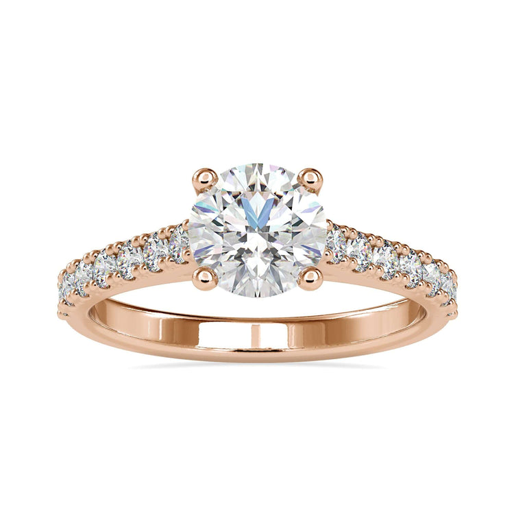 Lab diamond ring with round pave band and white gold finish.