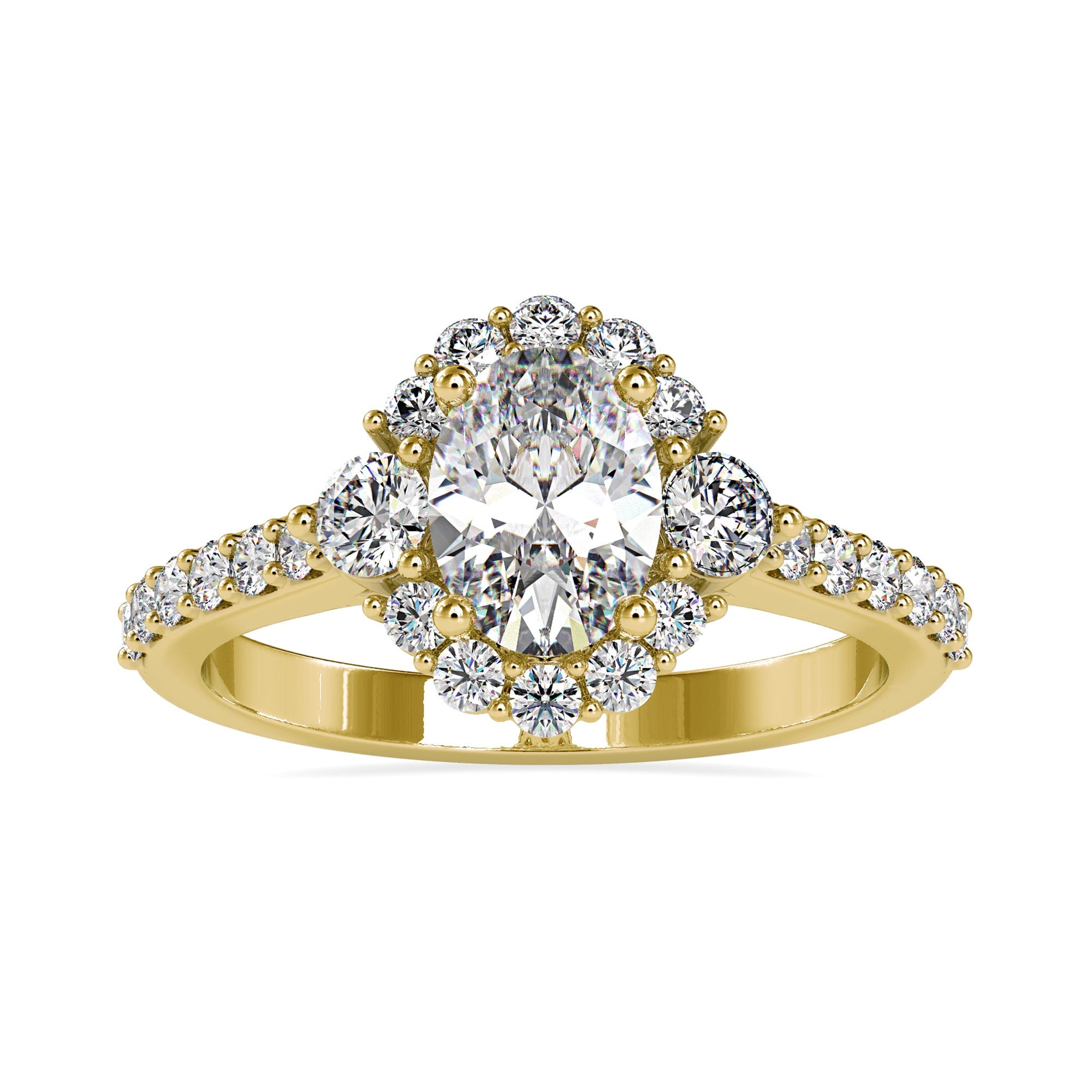 Yellow gold ring with 4 round prong setting and pave accents.