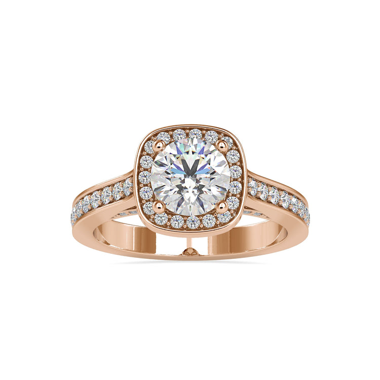 Yellow gold engagement ring with round cut halo design.