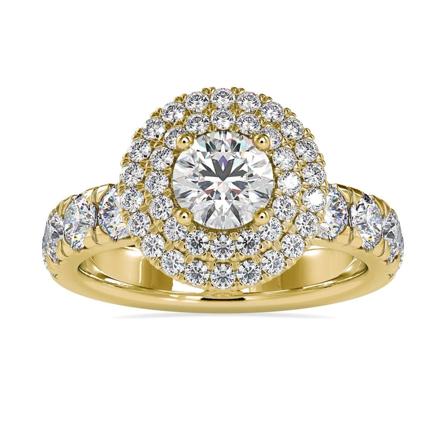 Halo round diamond engagement ring with round centre stone in rose gold.