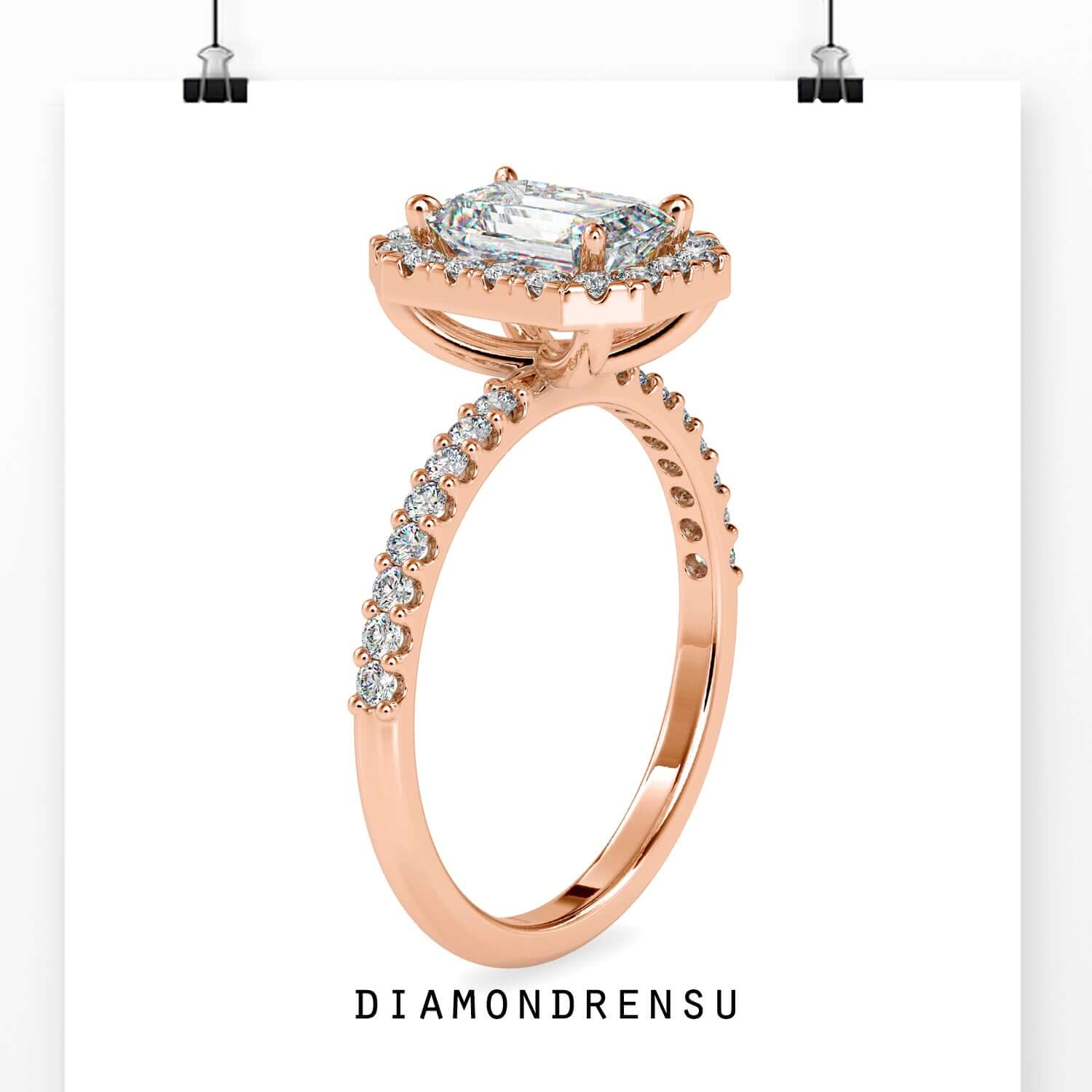 Rose gold engagement ring featuring halo and claw prongs.