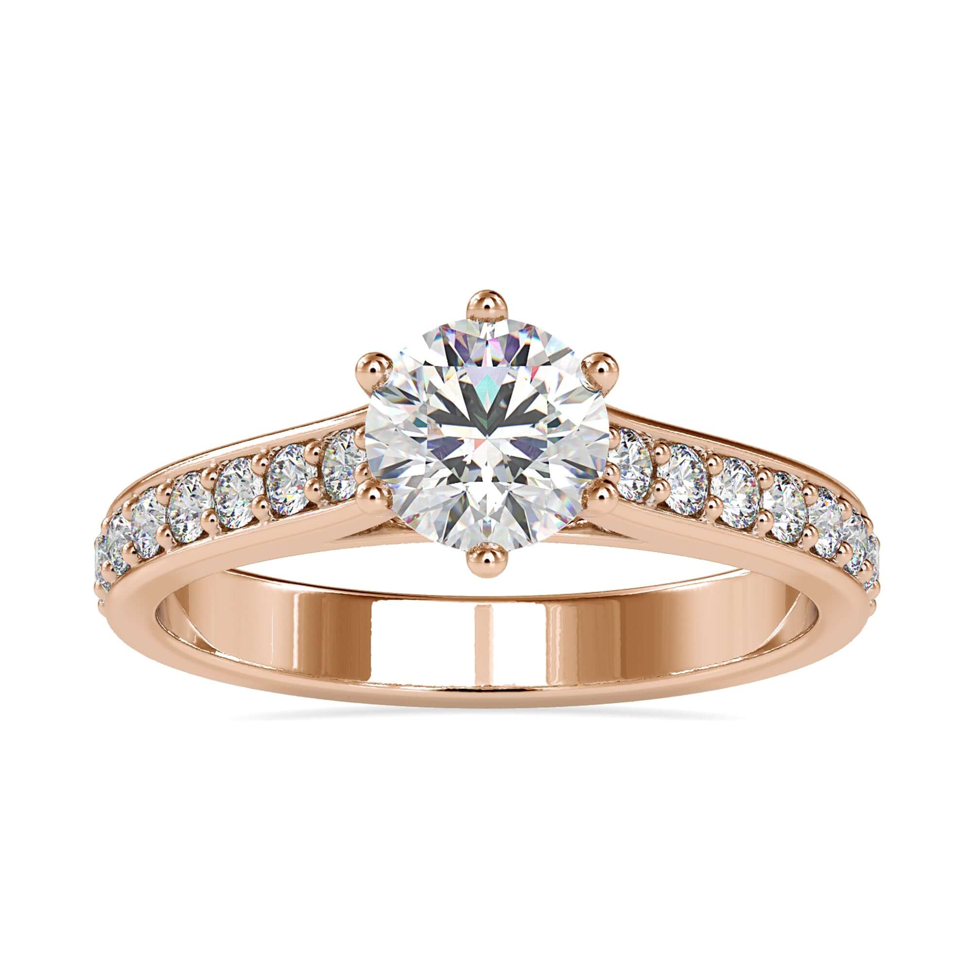 Round cut diamond ring with 6 prong mount in yellow gold.