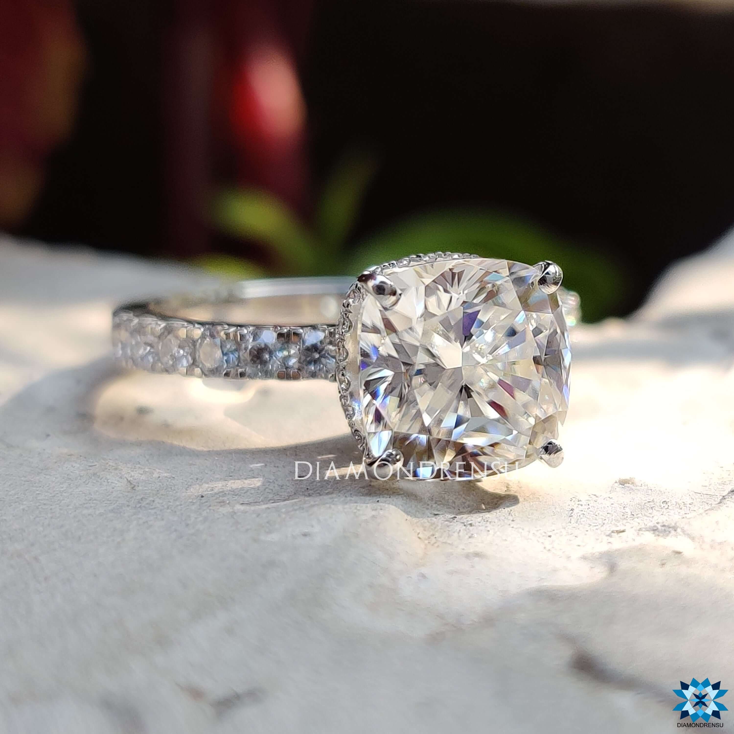 Double halo moissanite ring in pave setting.