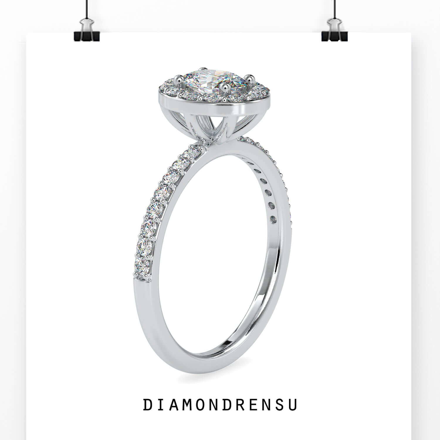 Halo ring oval shaped with white gold pave setting.
