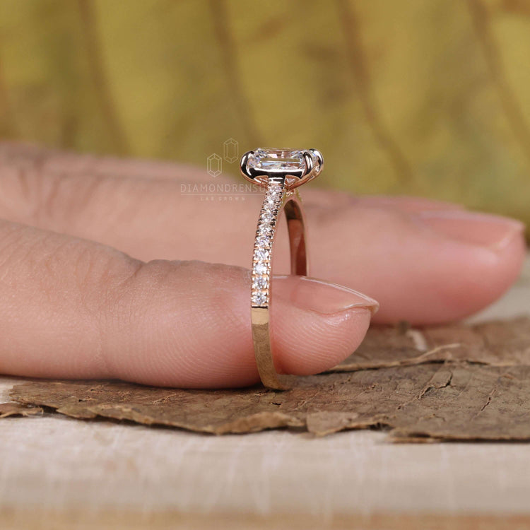Radiant cut engagement ring in rose gold and gold finish