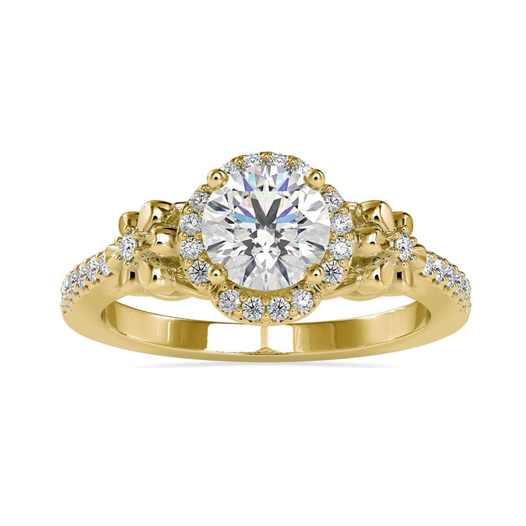 Yellow gold ring featuring tulip-inspired 4 prong setting.