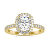 Cushion engagement ring with halo in yellow gold.