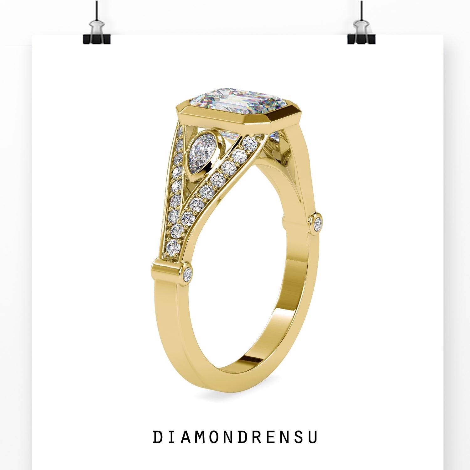 Buy diamond ring with pear side stones and split shank.