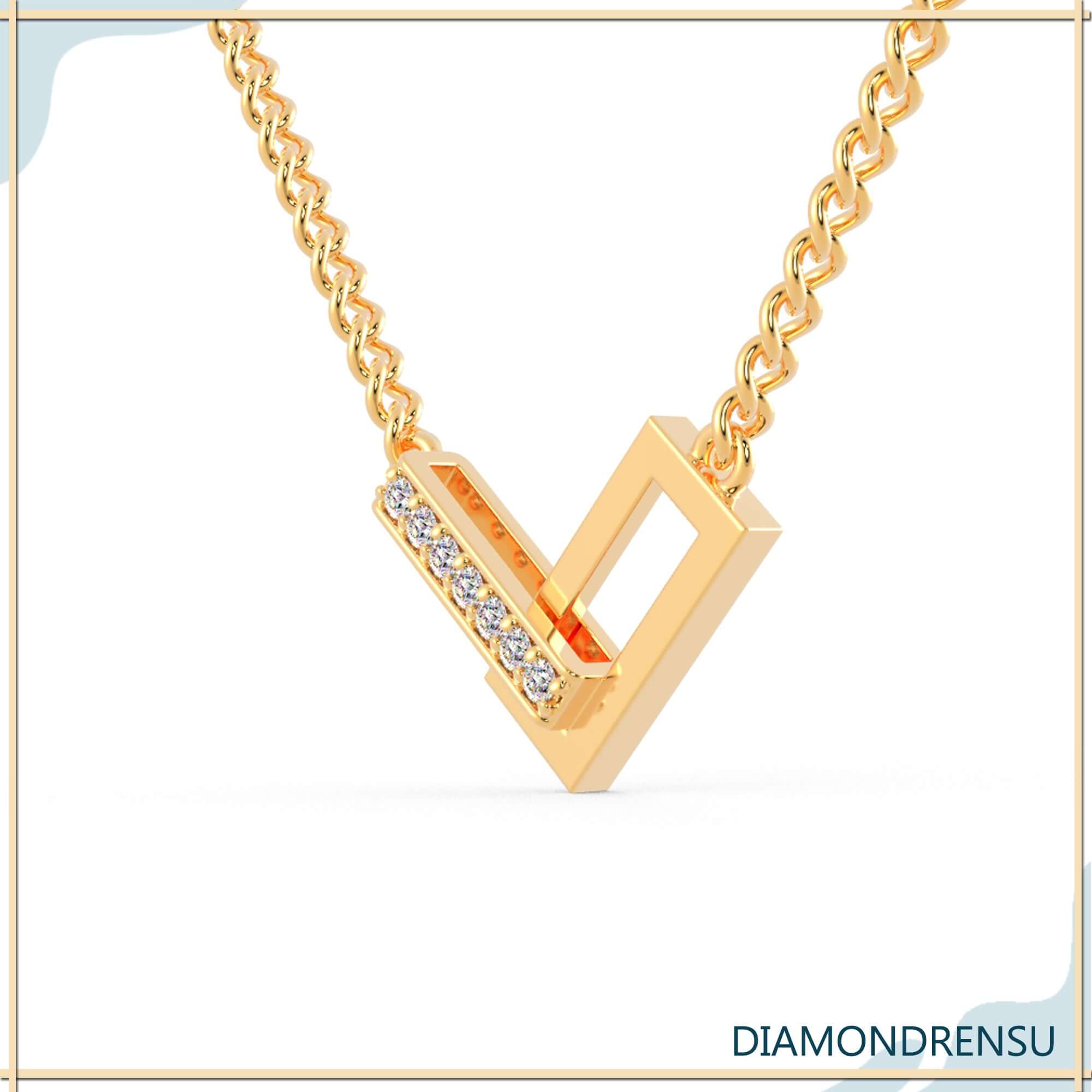 Lab grown diamond pendant with minimalist V shape, rose gold.
