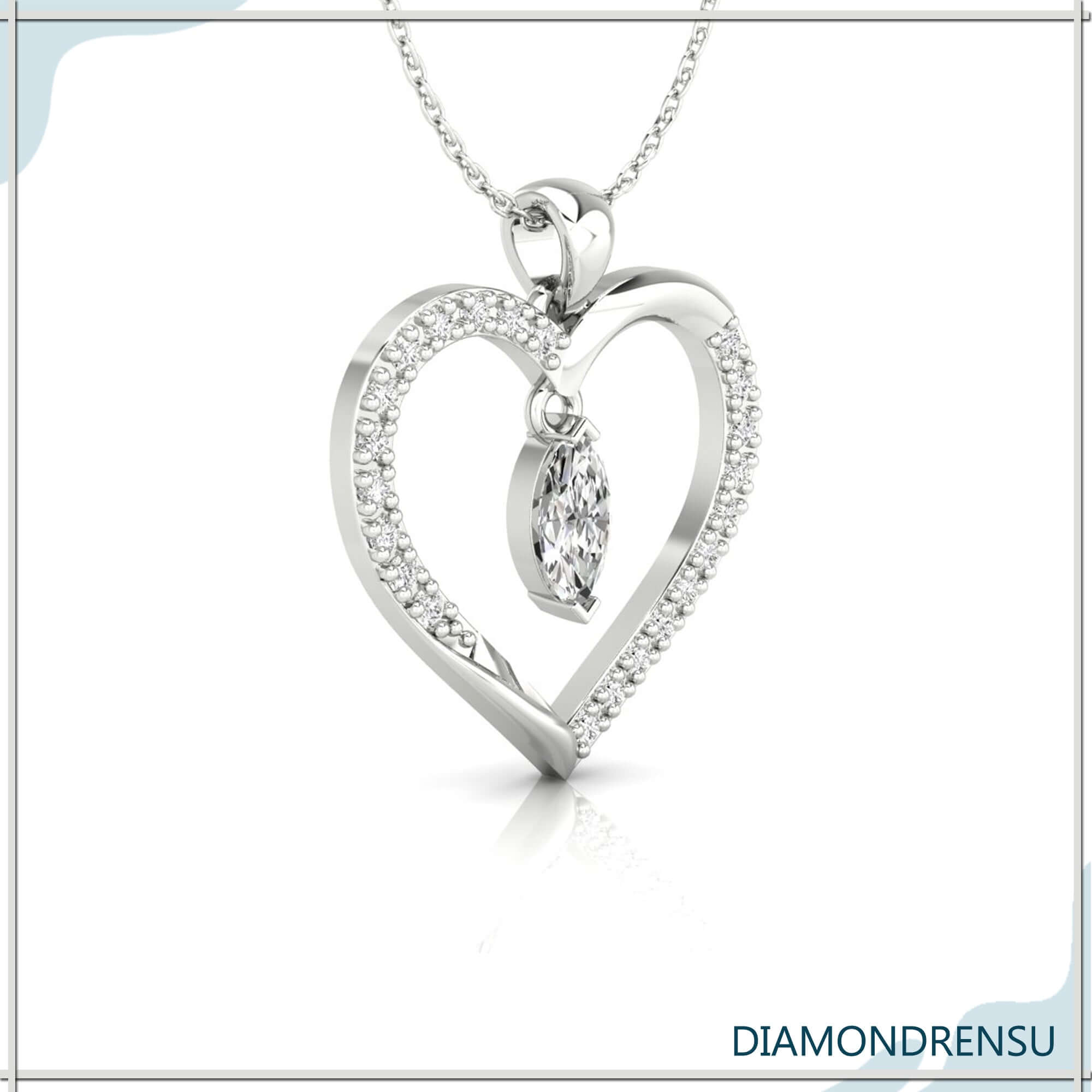 Handmade pendant featuring heart outline and marquise diamond.