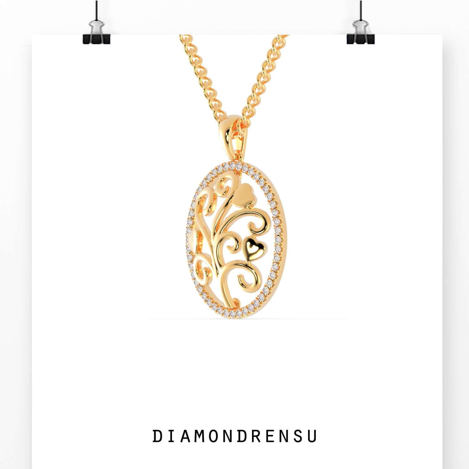 Gold diamond pendant featuring oval tree life silhouette.