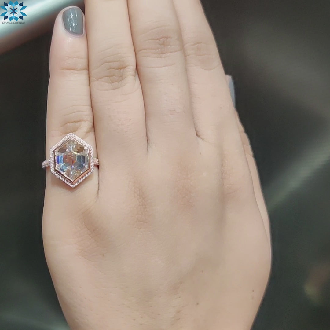 Prong setting rose cut moissanite engagement ring.