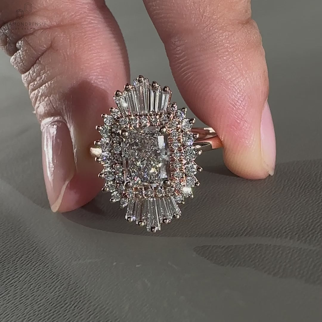 Round ring diamond paired with a diamond ring radiant cut style