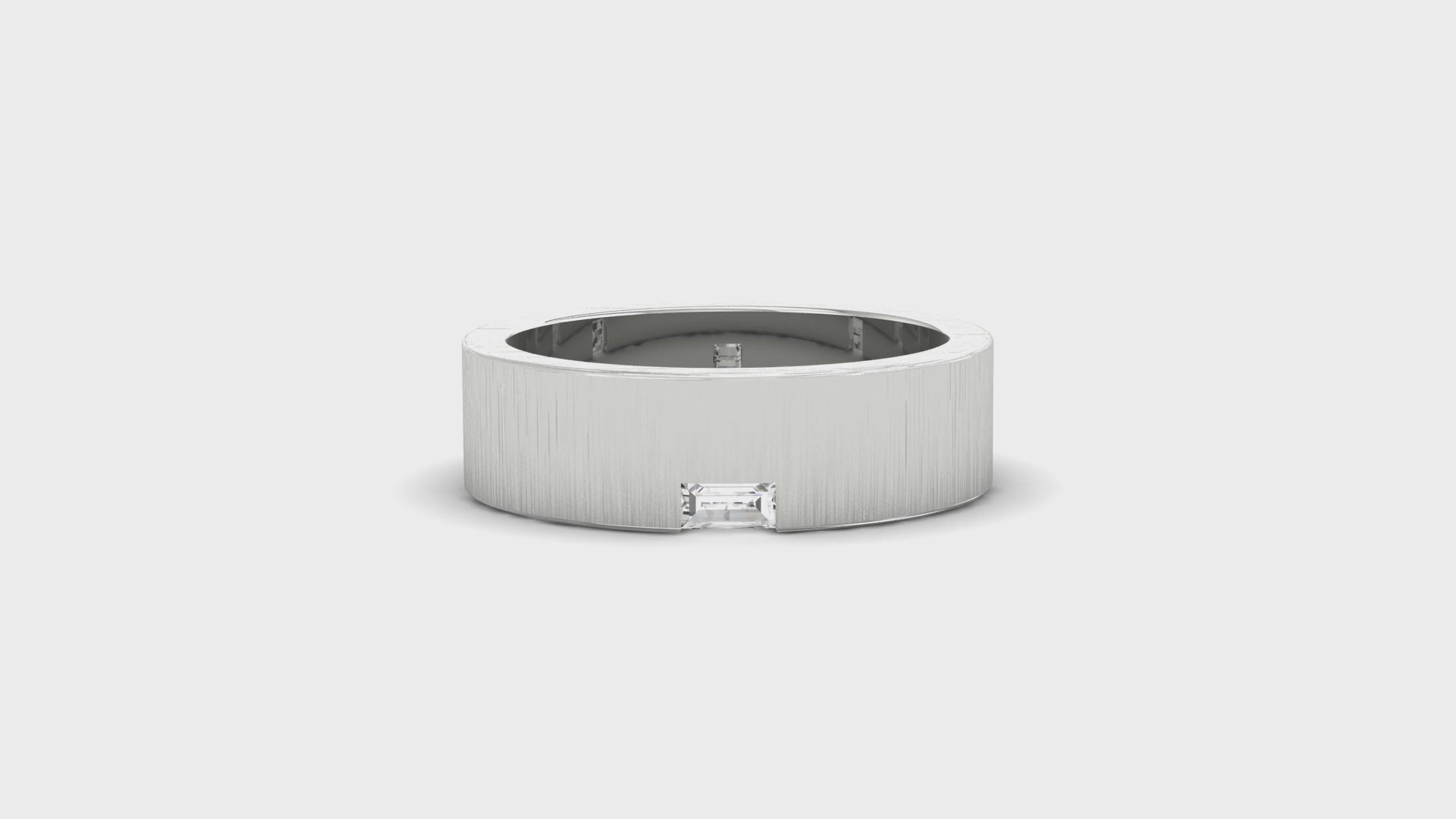 Diamondrensu UK wedding band designed with brush finish and single baguette diamond.