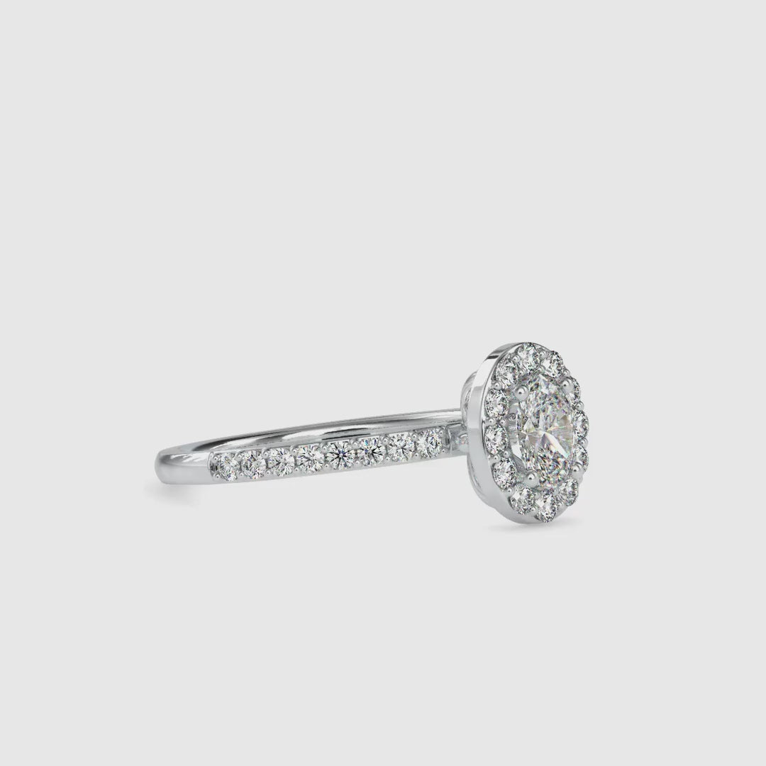Diamondrensu UK engagement ring with oval halo and lab diamond.