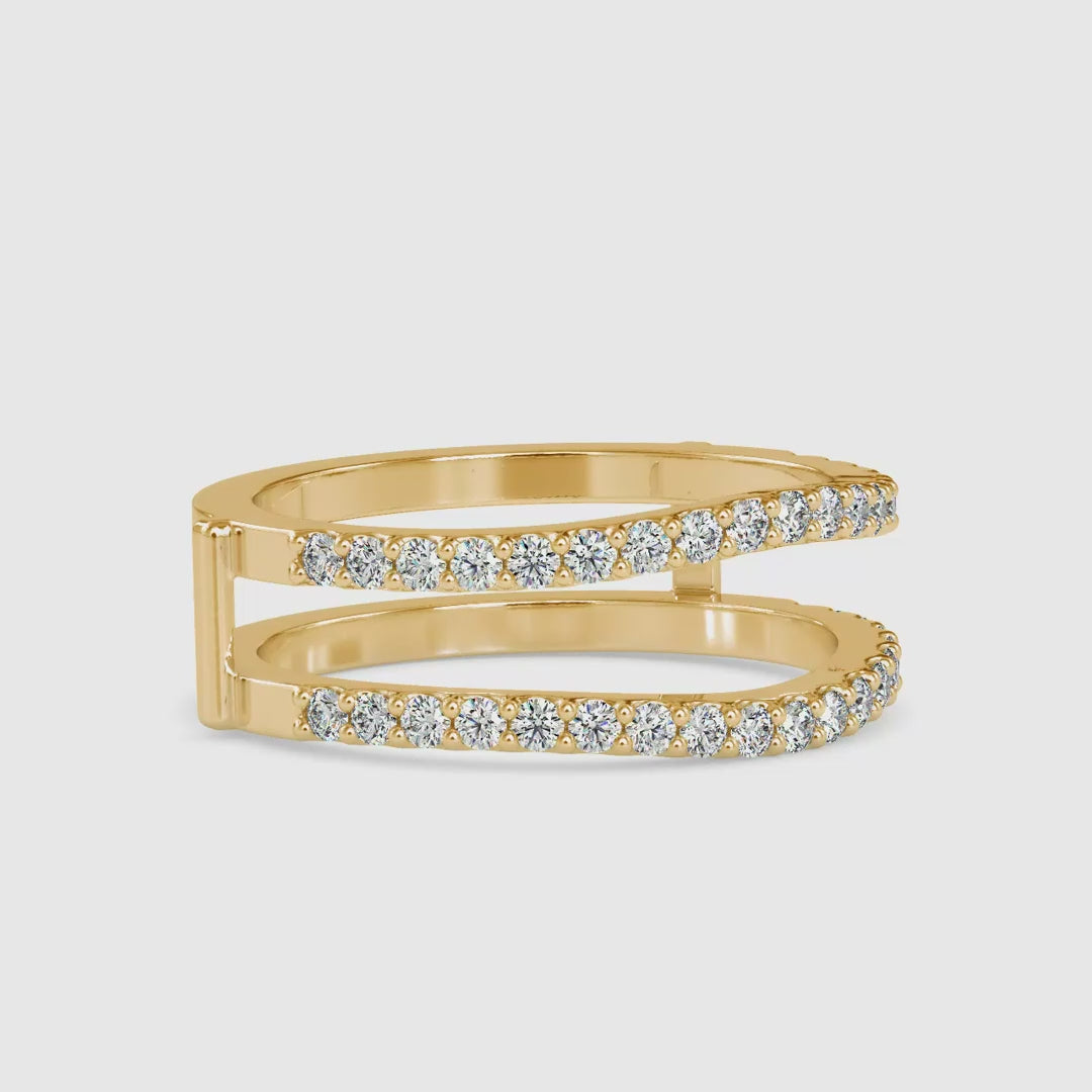 White gold wedding band guard with round lab diamonds.