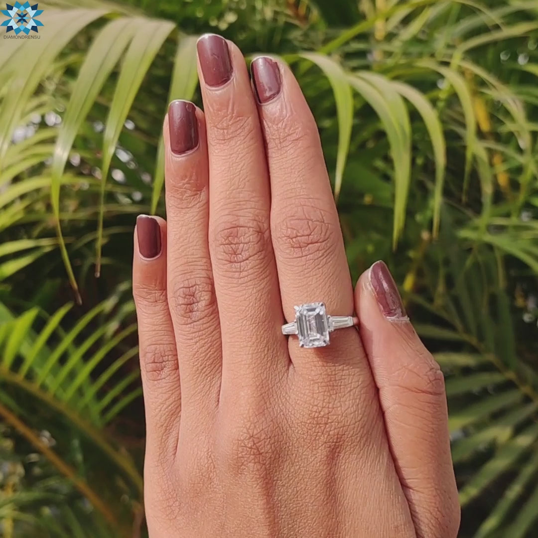 Cathedral Style 3.67 TW Emerald and Tapered Baguette Three Stones Engagement Ring