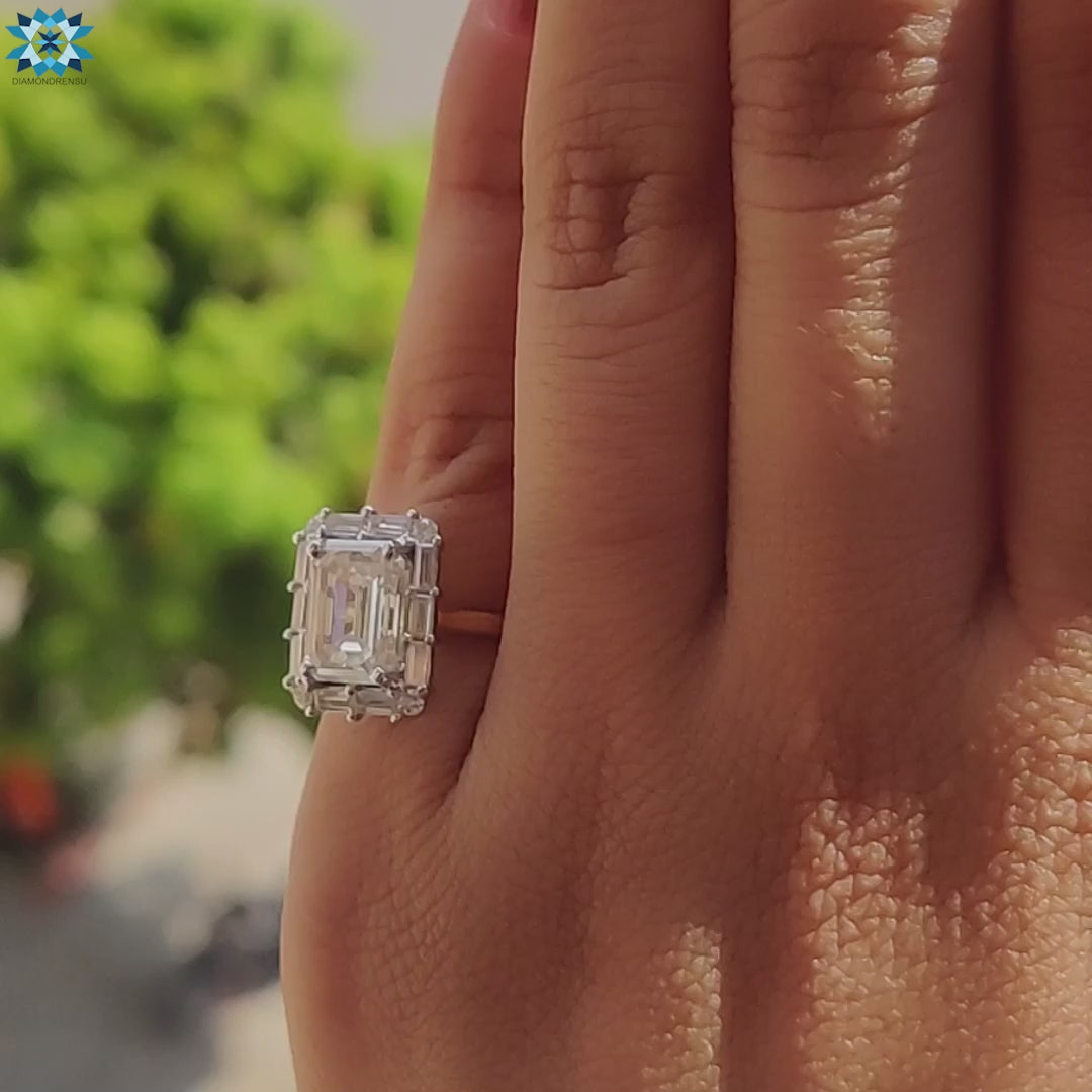 Diamondrensu UK emerald cut halo engagement ring.