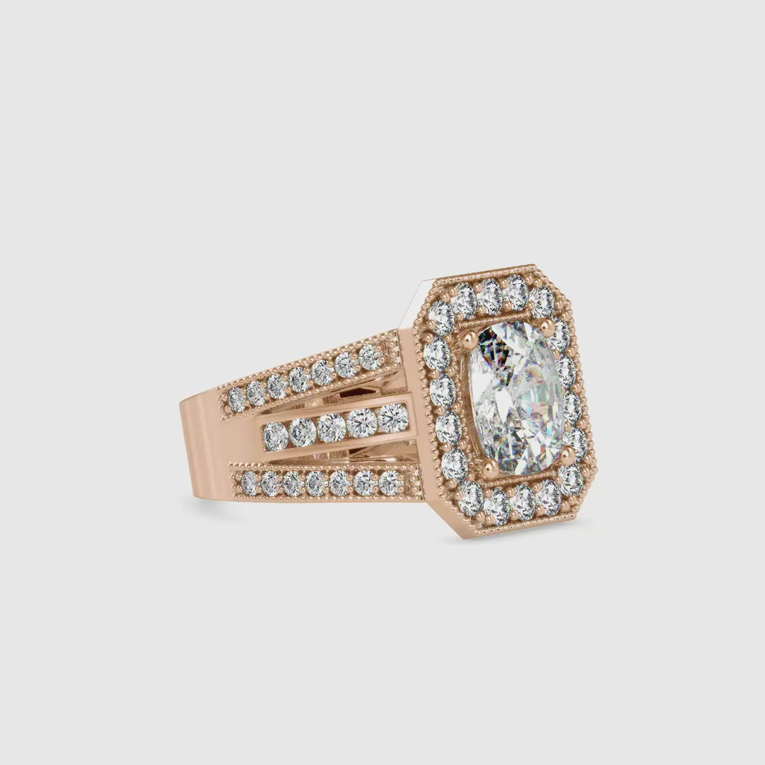 Cushion cut diamond ring with a split shank design for extra sparkle.