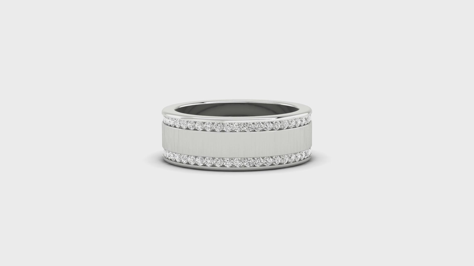 Two rows of round cut diamonds in eternity wedding band.