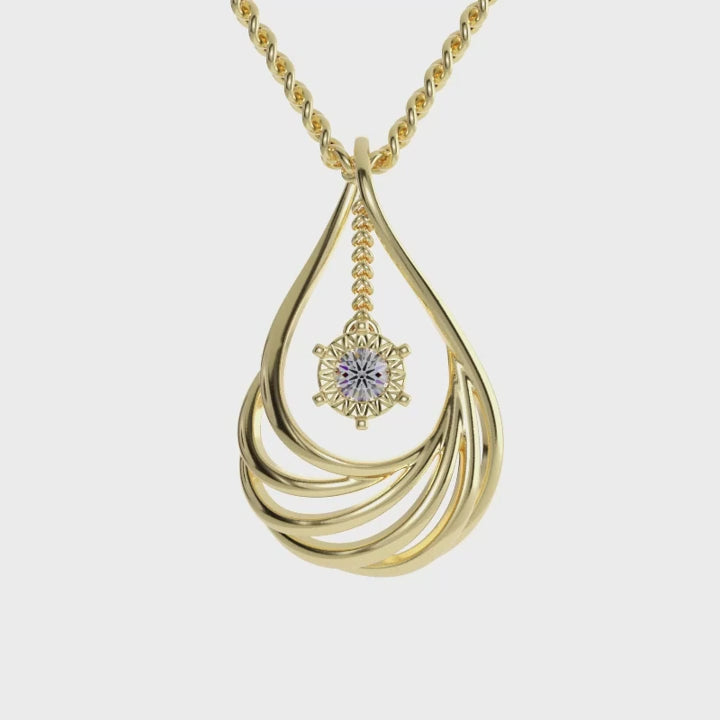 Cushion teardrop diamond pendant in white or rose gold setting.