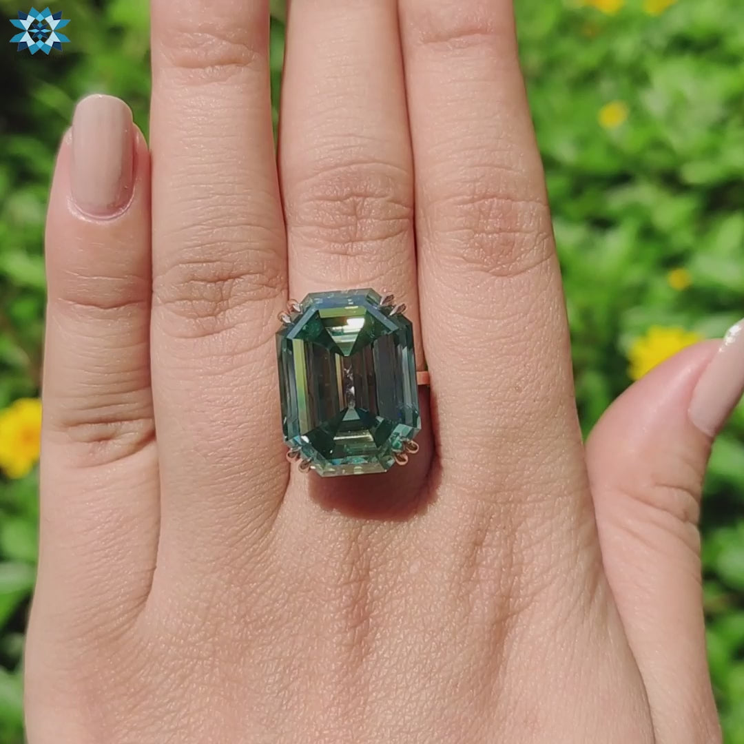 Rose gold custom engagement ring with moissanite solitaire.