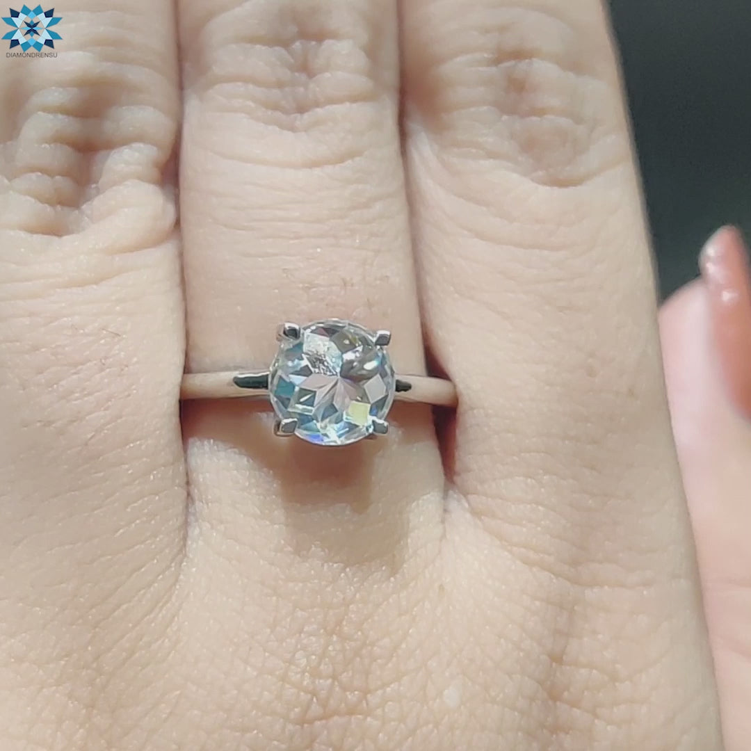 Custom engagement ring with round rose cut moissanite.