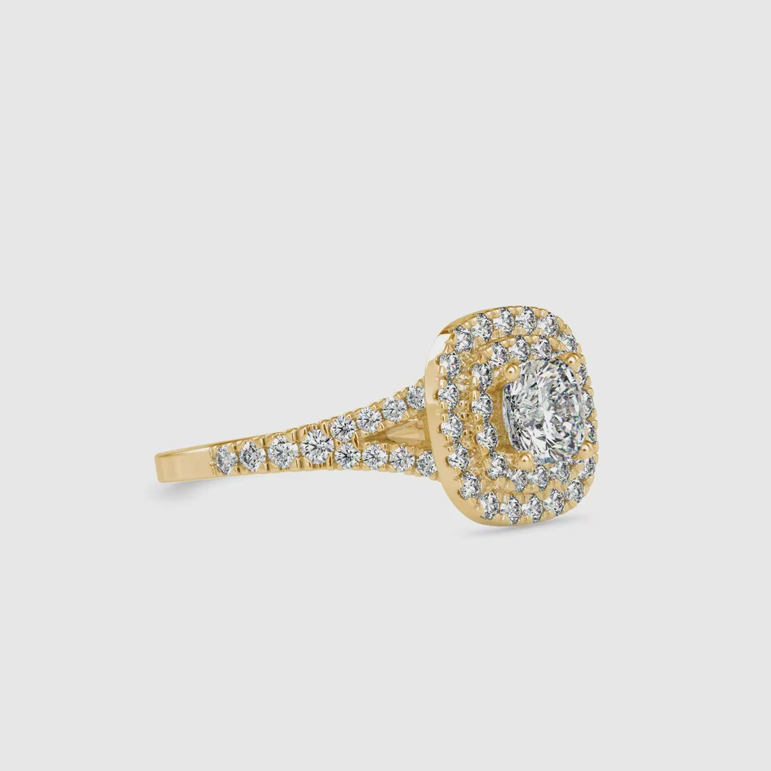 Diamondrensu UK engagement ring with double halo and custom shank.