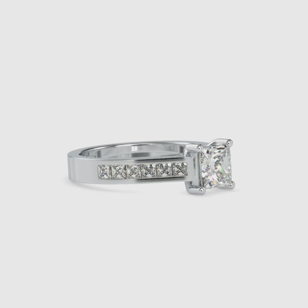 Simple diamond ring in rose gold with pave princess design.