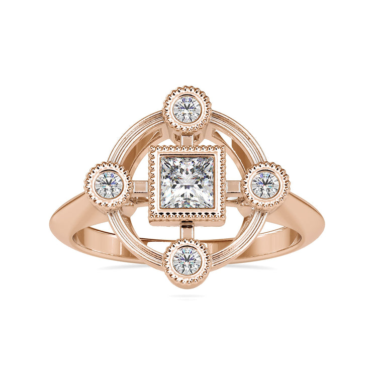 Rose gold ring with princess diamond and knife edge band.