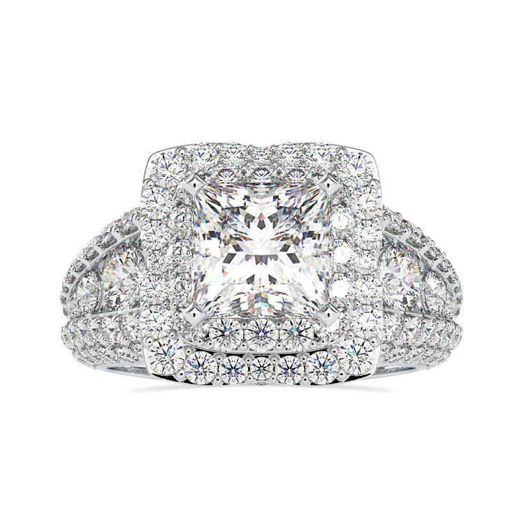 Princess cut diamond centre with multi row pave band.