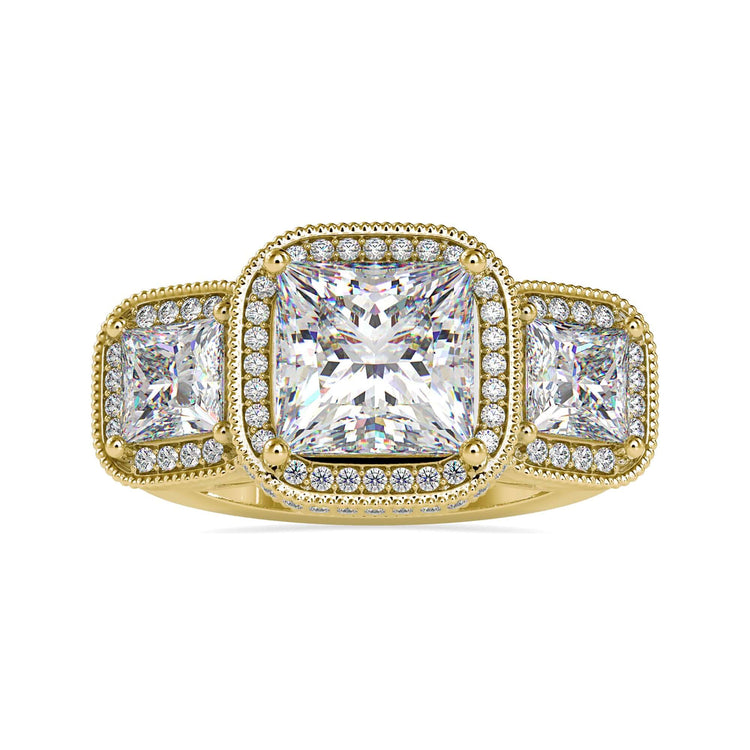 Diamondrensu UK engagement ring with three stone design and halo.