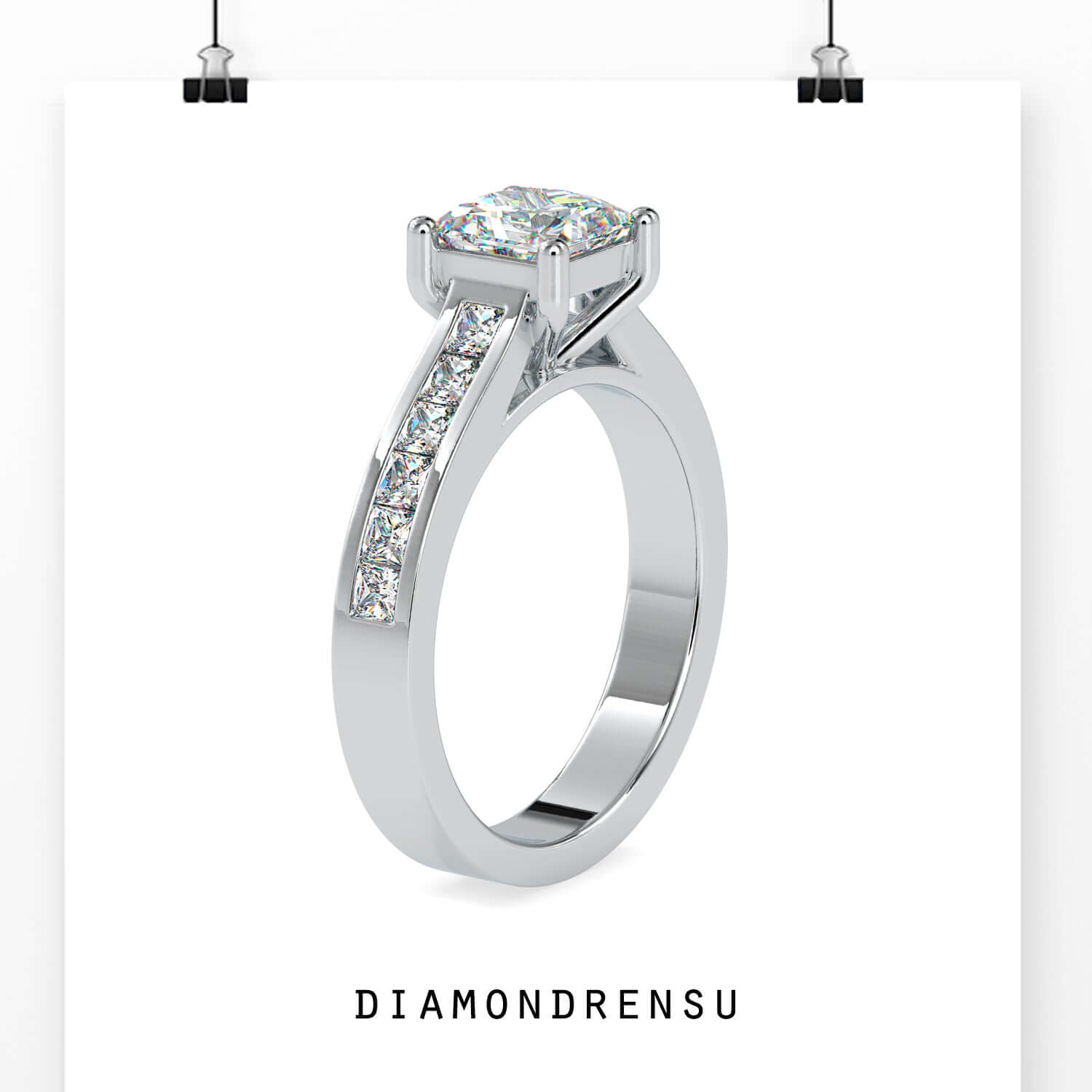 Rose gold engagement ring featuring princess cut pave band.