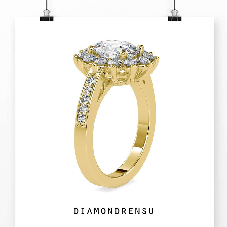 Rose gold ring with lab grown diamond and round cut halo ring features.