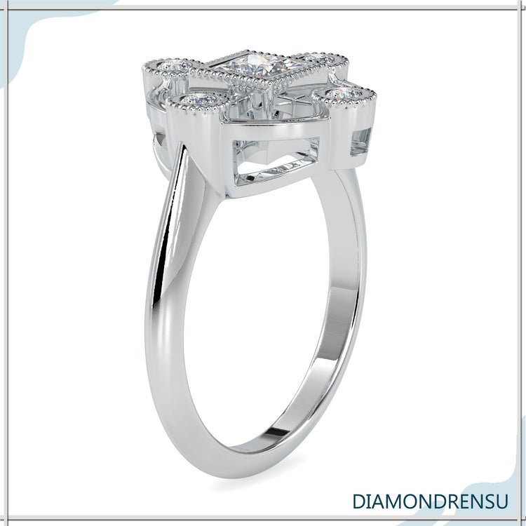 Lab grown diamond ring with princess and round cut combination.