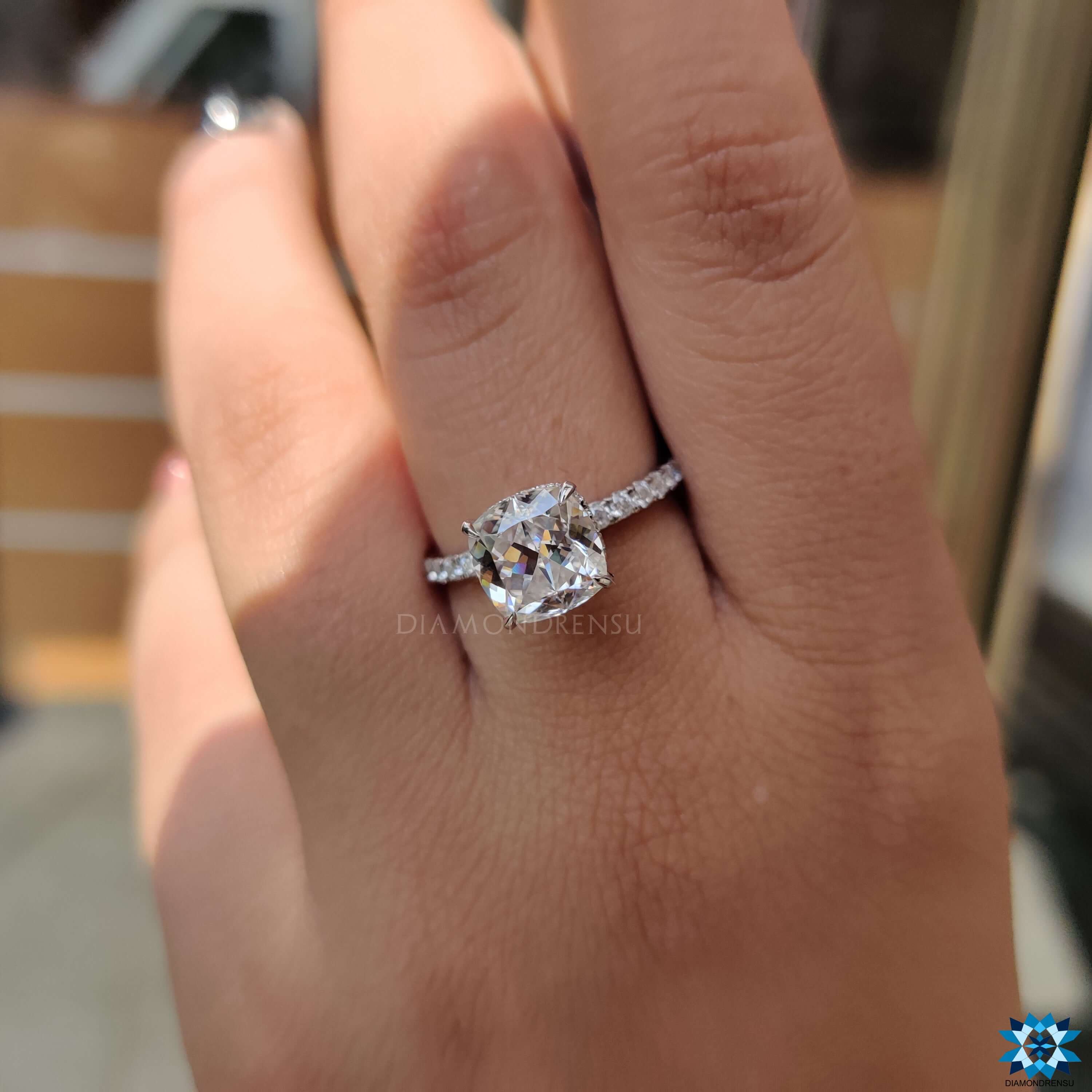 Round hidden halo ring with pave setting.