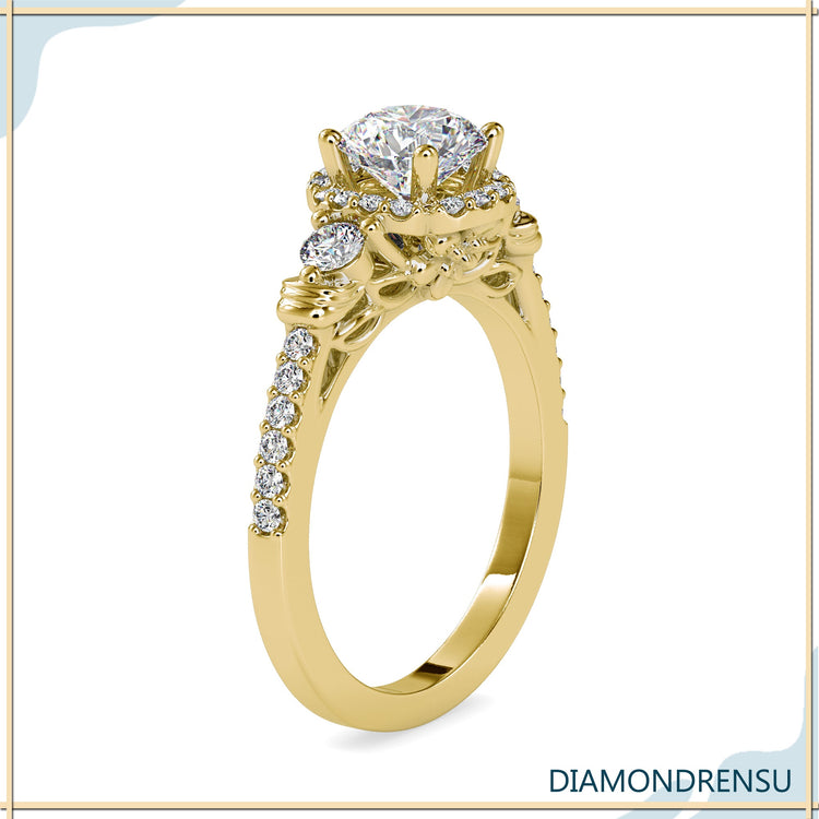 Lab diamond ring in floral setting with halo design.