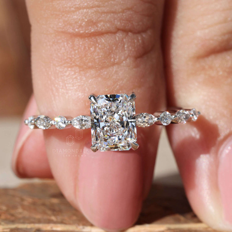 Radiant cut engagement ring with a pave setting, perfect for a unique engagement ring that stands out.