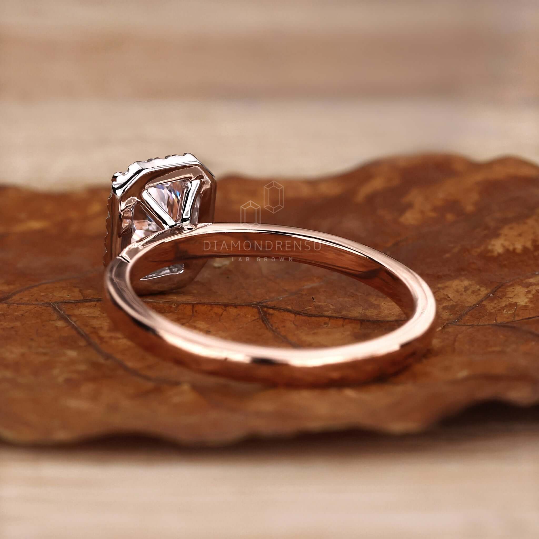 Unique engagement ring with a radiant cut diamond and Lab Grown Diamond for sustainable luxury.