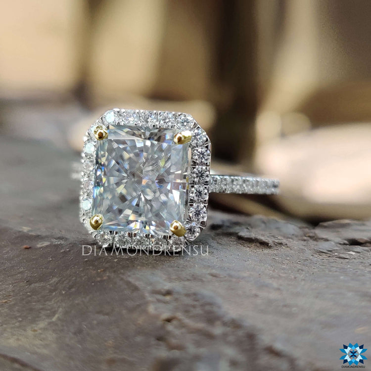 Custom engagement ring with radiant gray moissanite center.