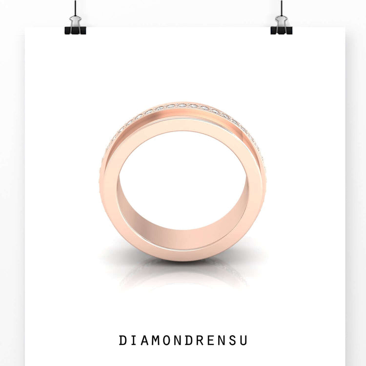 Buy men’s wedding ring with a modern diamond layout.